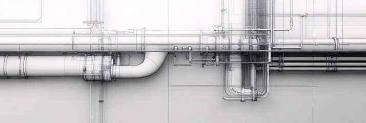Complex industrial piping layout with white ducts and detailed engineering lines.
