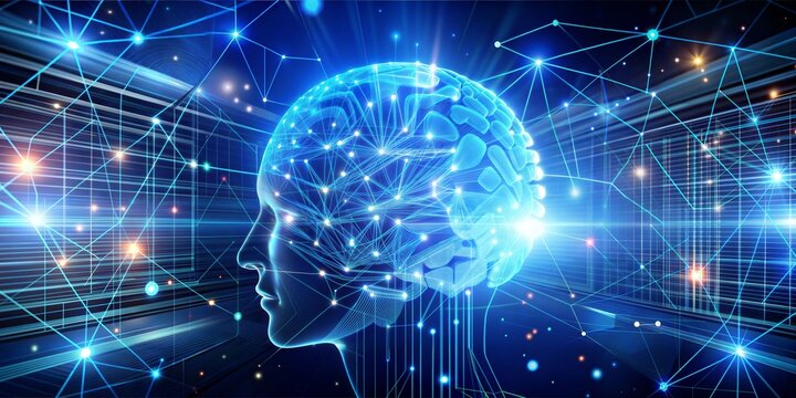 glowing blue human head artificial intelligence theme, synapse neuron futuristic connection