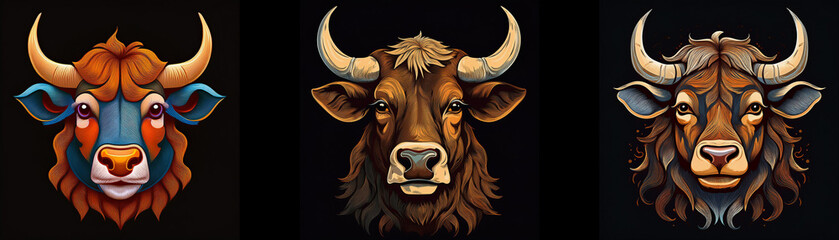 Naklejka premium Three bull heads with various colors and textures are shown against a black background.