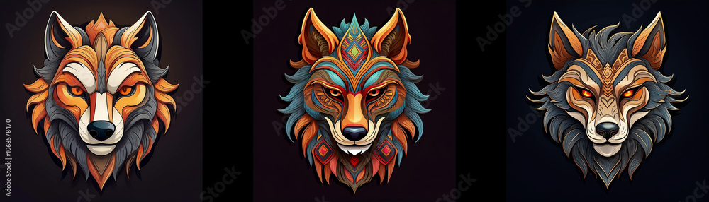 Poster three wolf heads with intricate patterns in various colors.