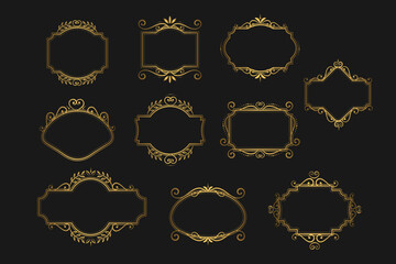 Elegant set of ornate gold vintage retro frames on black background. Vector illustration