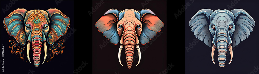 Aufkleber Three elephant heads, each with distinct colors and patterns, are depicted against a black background.