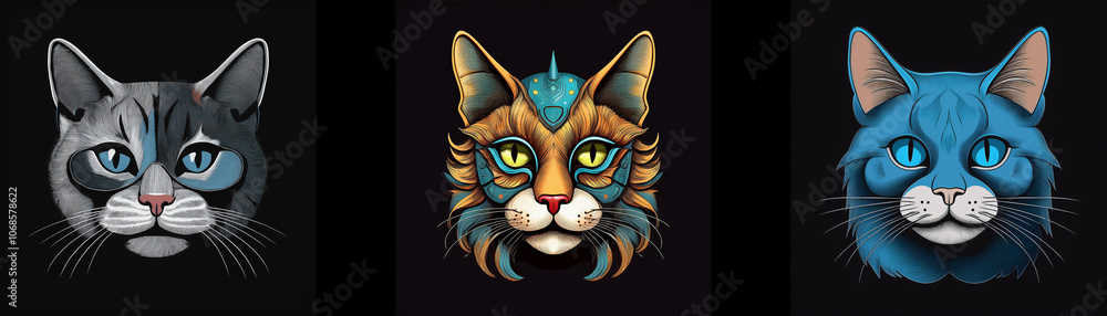 Poster three stylized cat heads with varying colors and patterns.