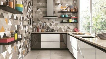 Modern kitchen with geometric tile backsplash, white cabinets and granite countertops.