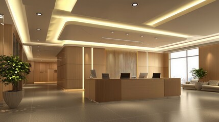 Modern office reception area with wooden desk, potted plants, and large windows.