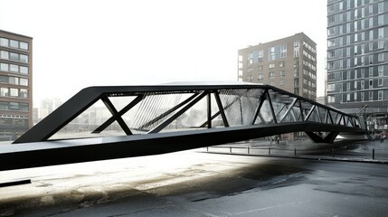 Fototapeta premium Modern pedestrian bridge over a city street with buildings in the background.