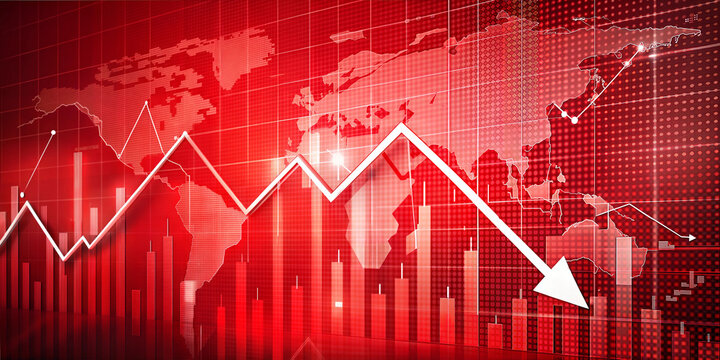 red glowing graph arrow pointing down on red background world map, bankruptcy loss failure crisis