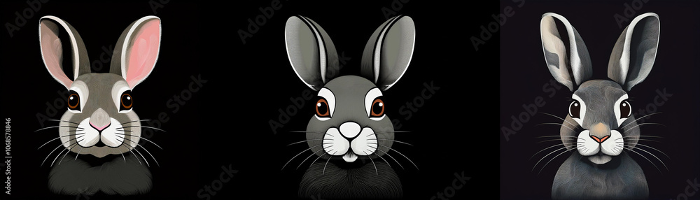 Poster three rabbits with gray fur, white noses and pink ears look directly at the viewer against a black b