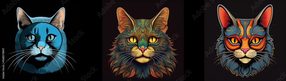 Poster Three stylized cat portraits with colorful fur, each with a different color palette.
