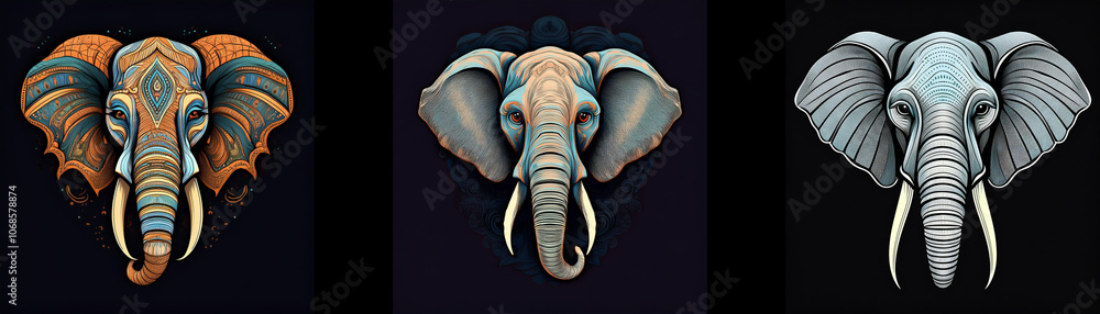 Poster three elephant heads with different colors and patterns on dark background.