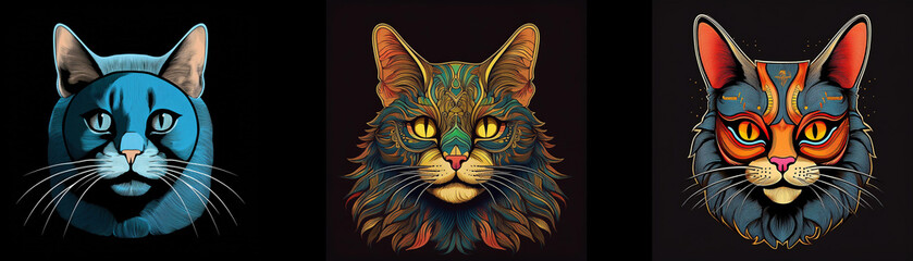 Three stylized cat portraits with colorful fur, each with a different color palette.