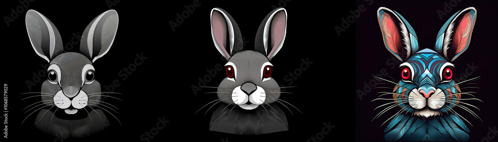 Poster Three rabbit heads in different color variations.