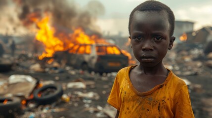 A boy in a tattered orange shirt looks directly at the camera while flames engulf vehicles and smoke billows around him, highlighting his challenging surroundings