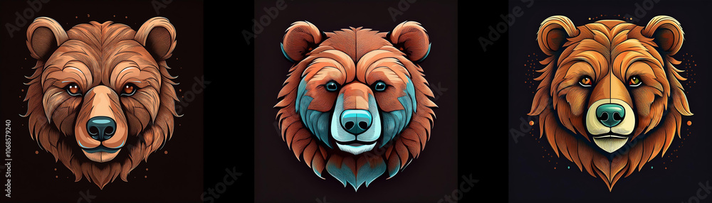 Aufkleber three bear heads with different fur colors and patterns, isolated on dark background.