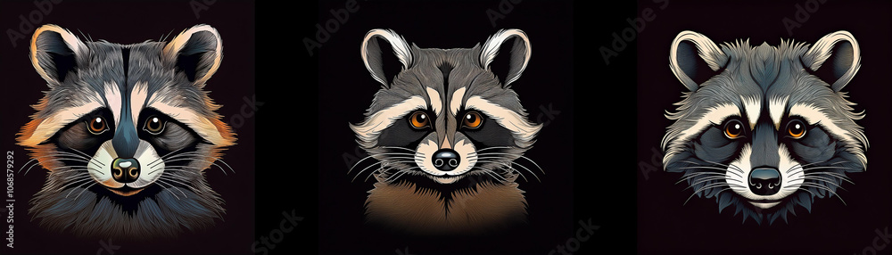 Poster three raccoon faces are depicted against a black background. the raccoons are looking directly at th