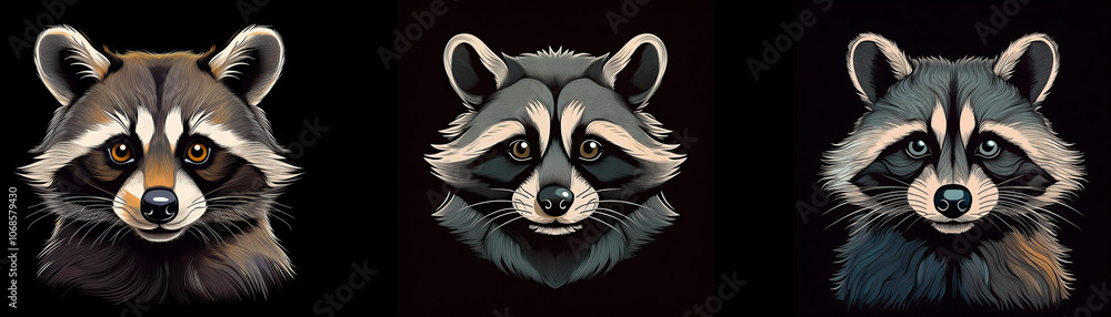 Poster three raccoon faces are shown against a dark background. each raccoon has different fur color variat