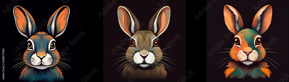 Poster Three rabbit faces with different fur patterns on a black background.