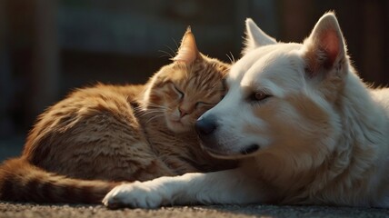 Obraz premium view of a dog and a cat, sleeping together. concept of friendship and affection. generative ai