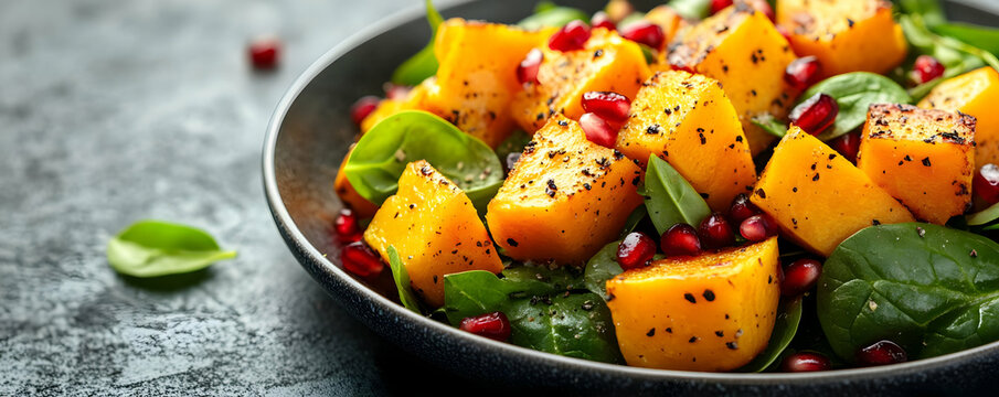 Photo Roasted Butternut Squash, Pomegranate, Spinach Salad - Powered by Adobe