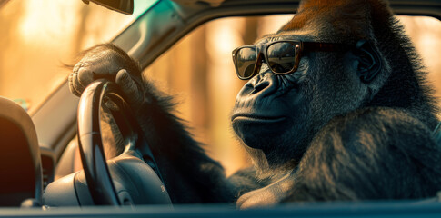 A gorilla wearing sunglasses confidently drives a car, captured in profile view. The sun highlights the scene, creating a lighthearted atmosphere