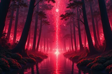 Obraz premium Enchanting Twilight Forest: Mystical Red Glow Illuminates Serene Waters, Perfect for Fantasy Art and Wall Decor