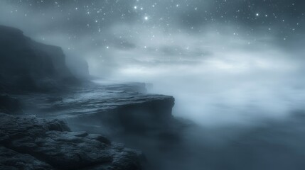 Obraz premium Serene Dutch Coastline at Night with Glowing Stars - Mystical and Foggy Mood