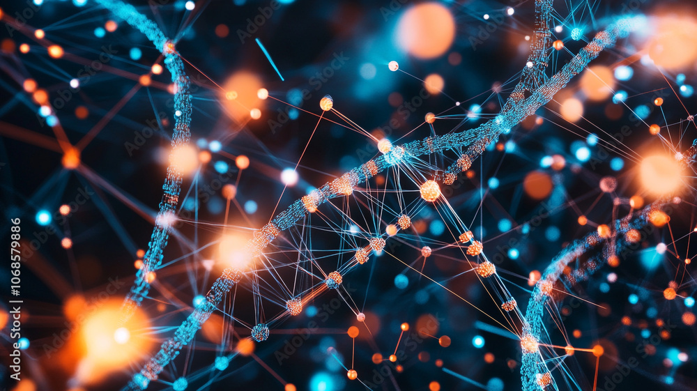 Poster interconnected nodes and glowing lines representing modern technology concepts