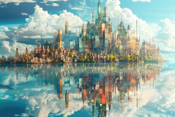 Fototapeta premium An Upside-Down Reflection of a Futuristic Cityscape