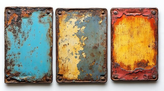 four vintage tin signs displayed against a white background, perfect for customization. the rustic aesthetic and blank spaces invite creativity and personalization for various themes and messages