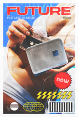 Creative design. Vibrant 90s-inspired poster with woman in swimwear holding cassette player....