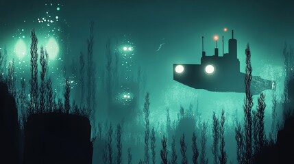 Submarine with headlights exploring deep ocean canyon.