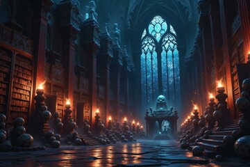 Obraz premium Enchanting Gothic Library with Stained Glass Windows, Ancient Books, and Mystical Atmosphere, Perfect for Fantasy Art and Home Decor