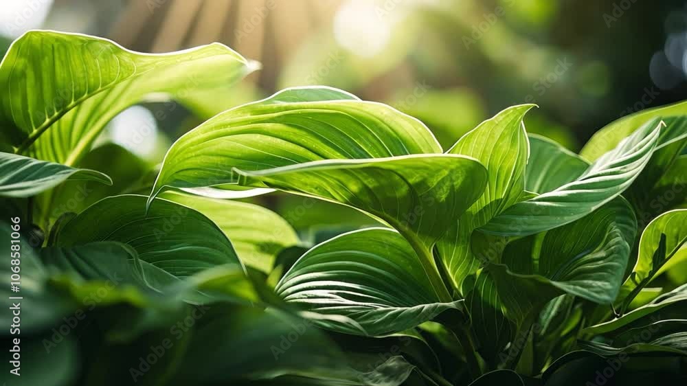 Poster sunlight dappled leaves: a close-up of vibrant green leaves illuminated by warm sunlight, creating a