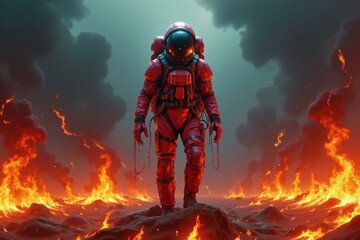 Naklejka premium Astronaut in Red Space Suit Exploring Lava Planet, Symbolizing Courage and Adventure in Cosmic