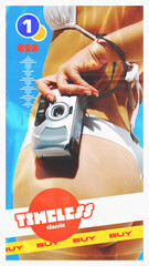 Creative design. Retro-themed poster with camera against female body in swimsuit. Timeless Classic...