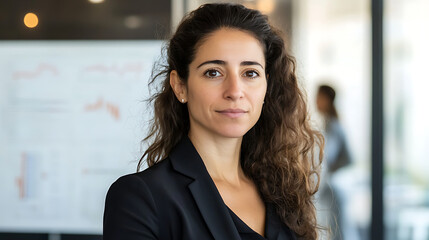 A woman leading a presentation on a smartboard, gesturing to technical charts while her team follows along in a sleek office 