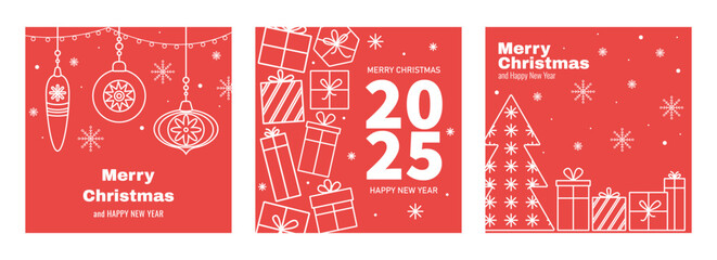 Merry Christmas and Happy New Year modern minimalist banner set. Hand drawn Christmas and winter elements cute doodle style. Vector for ads, print, greeting card, poster, cover, social media post