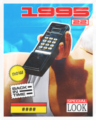 Creative design. Bold, vintage-inspired poster with classic 90s cell phone, 1995 label and neon...