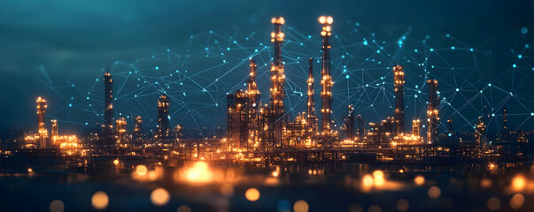 3D Illustration - Industrial Plant Night Network Connection