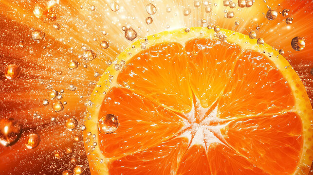 A juicy orange slice sparkles in water, surrounded by bubbles and warm sunlight, creating a lively scene