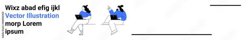 Poster two figures seated, both with laptops, one pointing seemingly explaining something. ideal for busine