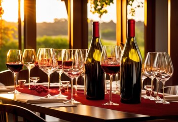 vibrant wine bottles glasses displayed stylish table creating lively dining atmosphere social gatherings, air, ambiance, appetizer, artwork, beverage