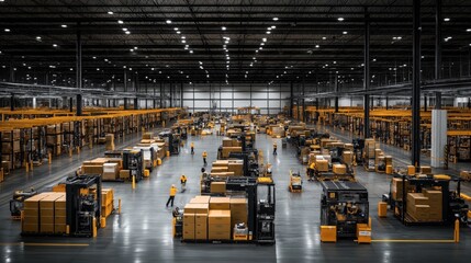 Large industrial warehouse interior with shelves stocked with brown cardboard boxes and forklifts in motion, operated by workers wearing yellow uniforms and safety helmets.