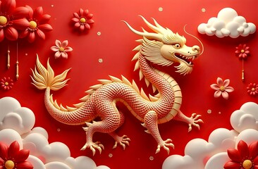 Postcard.Chinese New Year celebration with golden dragon and red lanterns. Poster