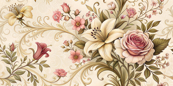 Seamless vintage wallpaper in pastel shades with large flowers for photo sessions, event decor, craft projects and DIY