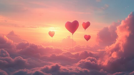 Fototapeta premium A dreamy sky with floating heart-shaped balloons drifting through soft clouds during a Valentine's Day celebration.