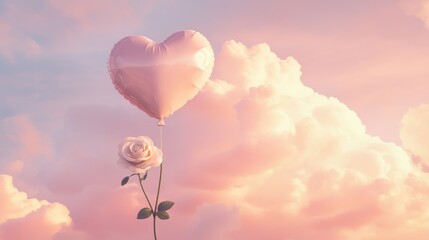 Obraz premium A heart-shaped balloon rising against a pastel pink sky, with a single white rose at the bottom and plenty of blank space to add a romantic message.