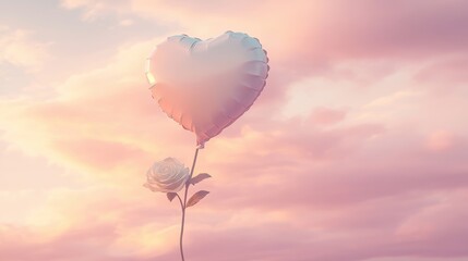 Fototapeta premium A heart-shaped balloon rising against a pastel pink sky, with a single white rose at the bottom and plenty of blank space to add a romantic message.
