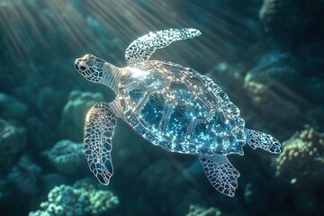 Fototapeta premium Sea turtle gliding over vibrant coral reef underwater.