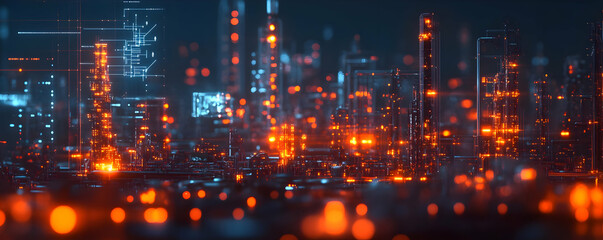 Obraz premium 3D Illustration - Futuristic Cityscape at Night with Neon Lights and Data Streams